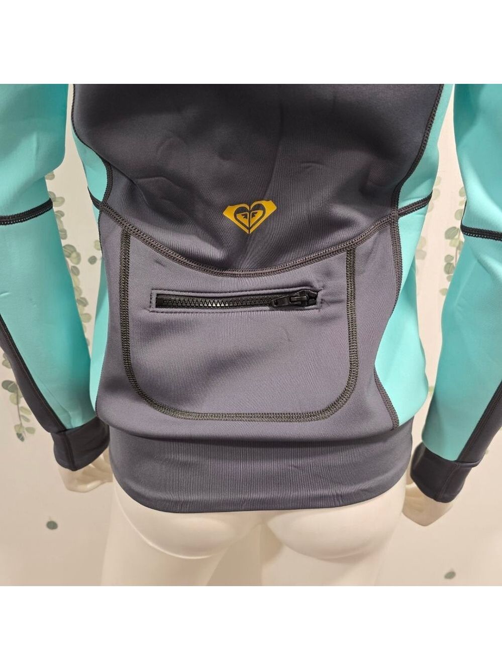 Roxy Syncro Neoprene Jacket Wetsuit Top Womens 6 Gray Teal Hooded Zip - Picture 11 of 14